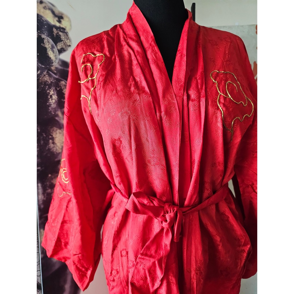 Vintage Red Satin Kimono Robe Gold Dragon Embroidery Long Loungewear Dress - Picture 3 of 13